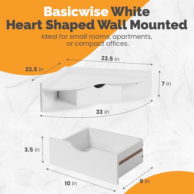 Basicwise White Heart Shaped Wall Mounted Office Table with Drawer and Two Shelves Computer Writing Corner Desk QI004024.WT