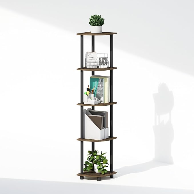 Furinno Turn-N-Tube Storage Shelves, 5-Tier Book Shelf, Corner Shelf, Toolless Open Shelves, for Organization and Storage, Living Room, Home Office, Hallway, Bedroom, Columbia Walnut