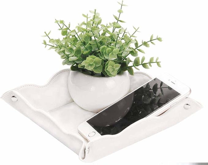Valet Tray for Men Women - PU Leather Travel Catchall Tray Organizer - Desk Bedside Nightstand Storage Box for Jewelry Key Phone Remote Controller Wallet Watch Glasses Coin Readers -White