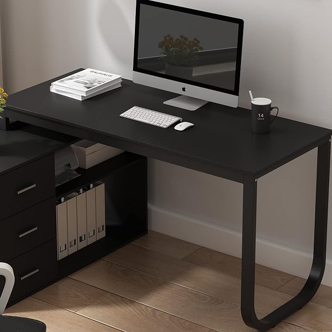 Homsee Home Office Computer Desk Corner Desk with 3 Drawers and 2 Shelves, 54 Inch Large L-Shaped Study Writing Table with Storage Cabinet - Black
