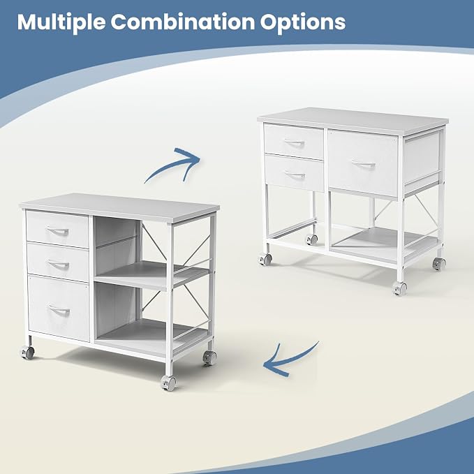 OLIXIS 3-Tier Printer Stand with Fabric Storage Drawer, Rolling Printer Cart with Lockable Wheels and Metal Frame, Under Desk Table with Open Storage Shelf for Small Spaces, Home, Office, White