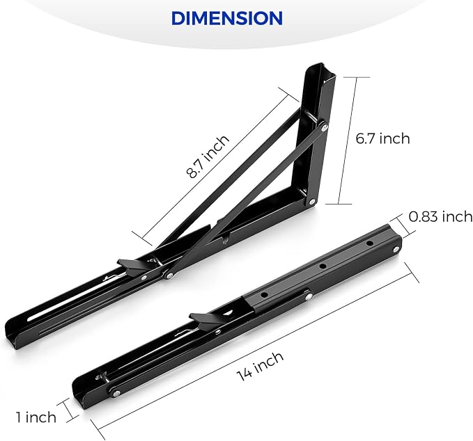 Ravinte 4 Pack 14 Inch Folding Shelf Brackets – Matte Black, Heavy Duty Collapsible Brackets for Tables and Benches – Space-Saving Design