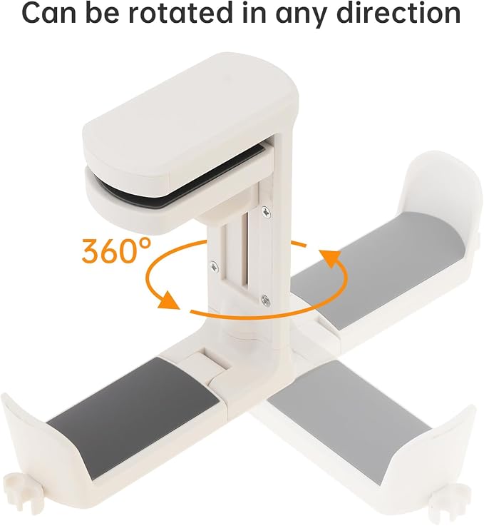 2pcs Under Desk Headphone Hanger Holder Utility Hook 360° Rotating Adjustable Clamp-on Earphone Hook Holder Mount Cable Clip Organizer Fit for PC Gaming Office Headset Hanger Gift (White)