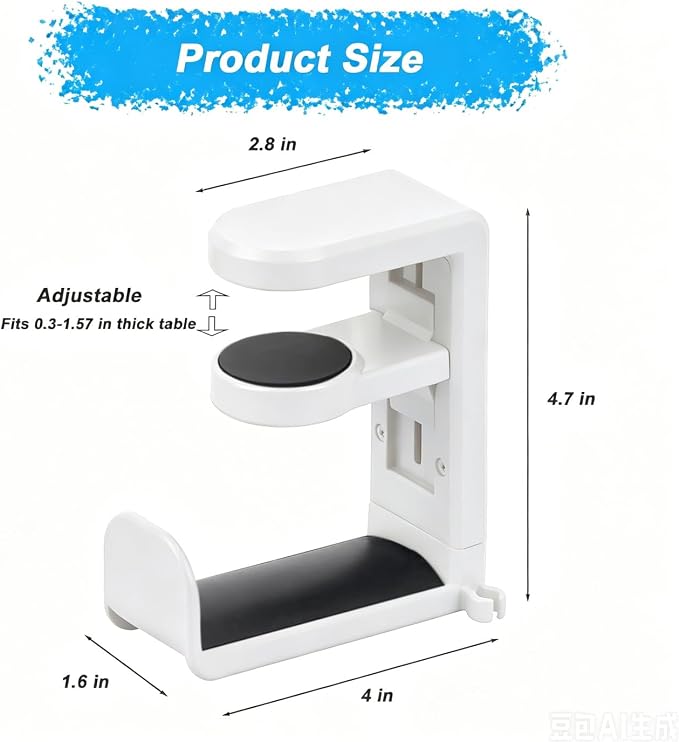 Universal Headphone Stand & Headset Holder - 360° Swivel Under Desk Headphone Hook with Cable Management Clip (White)