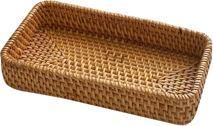 ‌Rattan Serving Tray & Vanity Storage Basket, Natural Wicker Display Tray for Keys, Jewelry, Cosmetics, Bathroom Countertop, Living Room, Entryway, Office