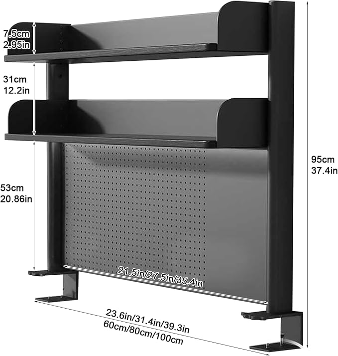 Clamp on Desk Shelf with Pegboard, Black Desktop Bookshelf Organizer Storage Shelves for Home Office Dorm Gaming Desk, Space Saving Tabletop Display Rack Organization (White, 23.6in)