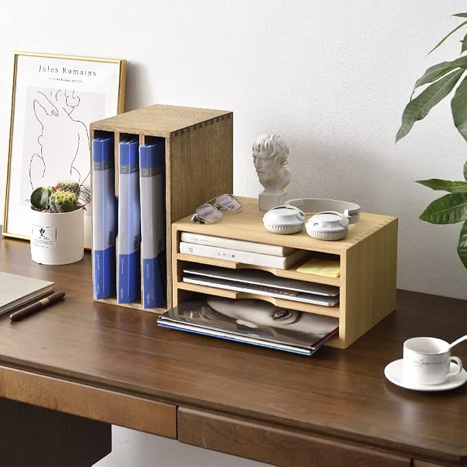 KIRIGEN Wooden Desktop Organizer, 3 Tier Solid Wood Letter Tray and Paper File Sorter for Desk, Freestanding Office Document Holder for Mail, Magazines, Folders, Natural 3KWJG-NA
