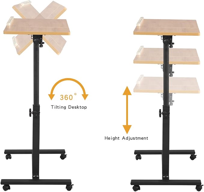 TigerDad Overbed Bedside Desk Mobile Rolling Laptop Stand Tilting Overbed Table with Wheels Height Adjustable Tray Table for Laptop Bed Sofa Side Table (Wood)