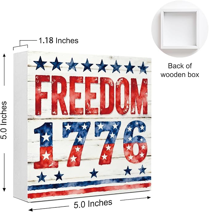Patriotic Wooden Box Sign,Freedom 1776 4th Of July Signs Home Decor,Independence Memorial Day Block Sign for Desk Shelf Tabletop Decor