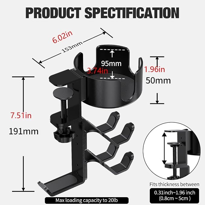 3 in 1 Desk Cup Holder with Headphone and Controller Stand, Universal Adjustable & 360° Rotating Clamp on Under Desk Headphone Hanger for Mugs, Headsets, Gamepads, Phone and Pen