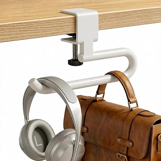 Desk Hook & Bag Hooks for Tables, Anti-Slip 60LB Heavy Duty Clamp-On Backpack Hanger, Extended Clearance Bag Holder for Desk for Office & Gaming, Adjustable (0.19-1.57in) (White)