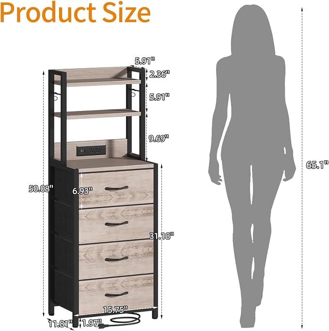 Tall Nightstand with LED Light, LED Night Stand with Charging Station and USB Type C Port, Bedside Table with 4 Fabric Drawers for Bedroom, Dorm, Office (Greige)