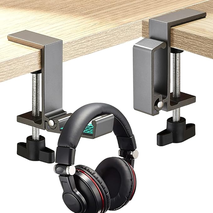 Foldable Under Desk Headphone Hanger, Aluminum Clamp-On Headset Stand, No Drill Anti-Scratch Mount, Heavy Duty 10KG Load Bearing Universal for Gaming Headset, Controller, Cable & Bag Organizer(Grey)