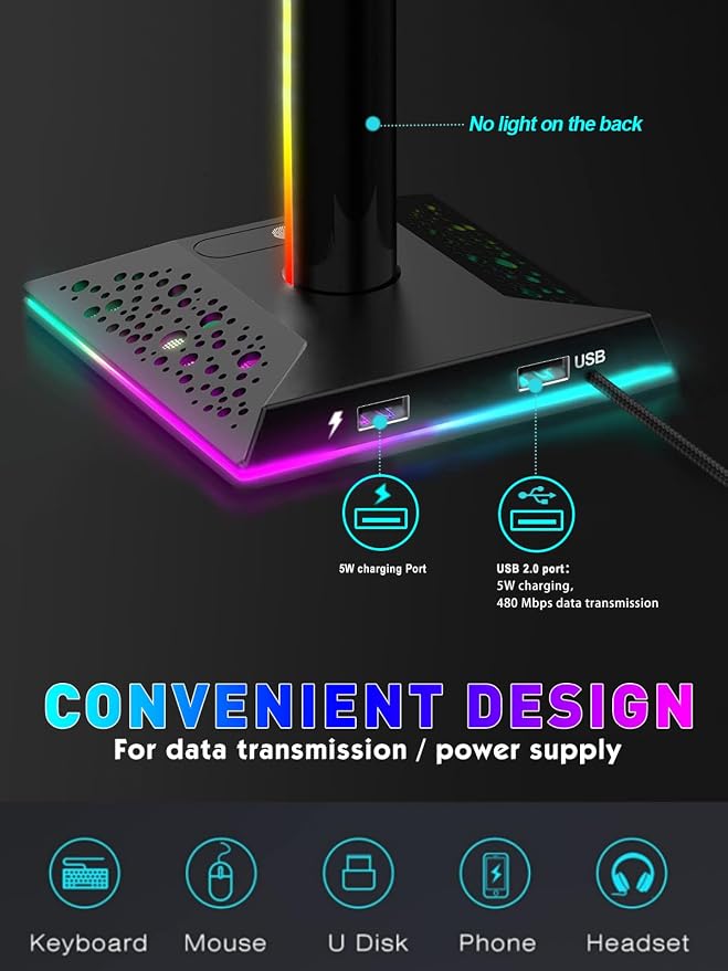 V VCOM RGB Gaming Headphones Stand with 2 USB Ports Headset Stand with 10 Light Modes and Non-Slip Rubber, Suitable for All Earphone Accessories, Best Gift for Husband, Kids, Boyfriend
