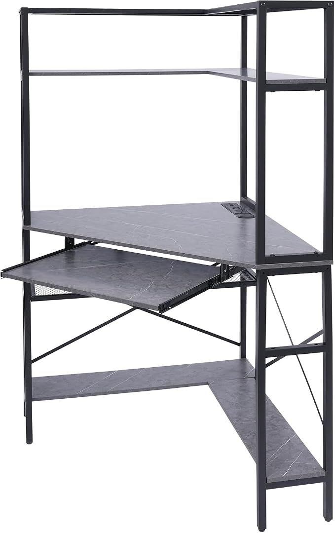 Corner Desk with Hutch, 90 Degrees Triangle Computer Desk w/Keyboard Tray & Bookshelves for Small Space Space Saving Writing Desk w/Storage Shelves for Bedroom Apartment (Gray)