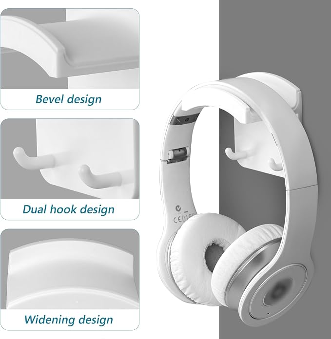 GEEKRIA Headphone Hook Holder, Wall Mount and Desk Mount 2-in-1, Universal Headset Hanger Compatible with Bose QC35 QC45, Sony, Beats, JBL, AKG, Sennheiser - Sticky Adhesive Installation