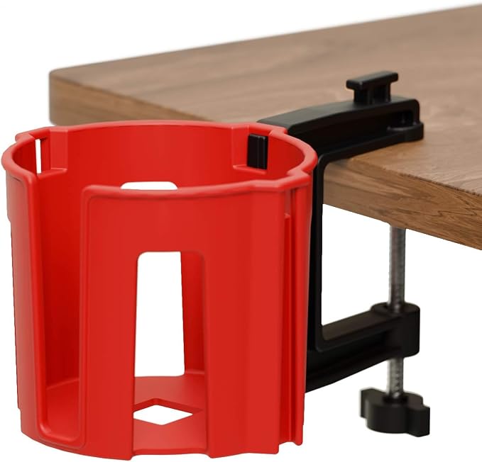 Original Large Desk Cup Holder Clamp Red | Anti-Spill Mount, Multi-Directional Drink Holder, Headphone Hanger, For Table, Desks, Office & Gaming Setup