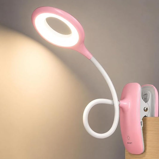 Clip On Reading Light for Bed Headboard, USB Rechargeable Cordless Clamp Lamp for Dorm Room Essentials, Touch Dim, 3 Colors, Eye Protect LED Desk Lamp for College Dorm Room, Gooseneck, Pink