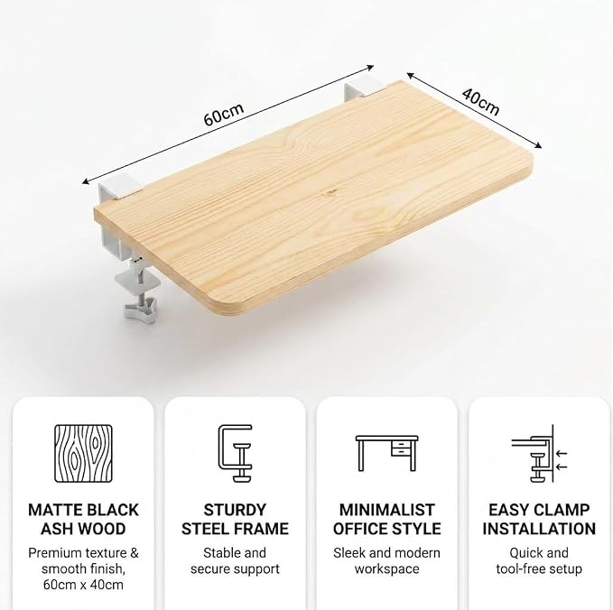 Desk Extender , 25.98'' x 9.84 '' Foldable Table Extension Folding Wall Table Keyboard Extender for Desk Clamp-on Shelf for Dorm Bunk, Office, Kitchen Bar, additional storage platforms (White)