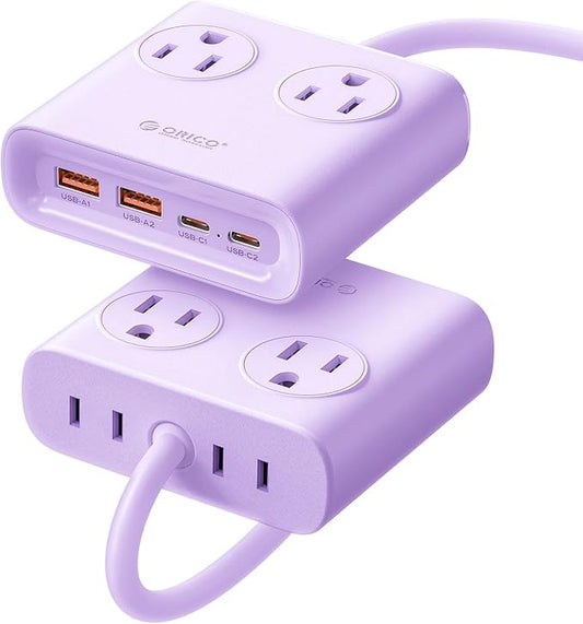 ORICO Power Brick, 25W GaN Power Strip, 8 in 1 Extension Cord with 4 AC Outlets and 2 USB-A and 2 USB-C Ports, 5ft Flat Plug Purple Outlet Extender for Home/Dorm/Travel ETL Listed-PDC (1 PC)