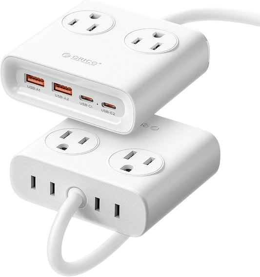 ORICO Power Brick, 25W GaN Power Strip, 8-in-1 Desktop Charging Station with 4 AC Outlets, 2 USB-C, 2 USB-A Ports, 5ft Extension Cord, Ultra Thin Flat Plug for Travel Office ETL Listed-PDC (1 PC)