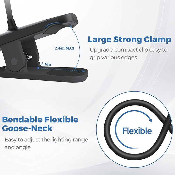 CUHIOY Clip on Reading Light for Bed Headboard, 5 Colors 5 Brightness Desk Lamp with Strong Clamp, USB-C Rechargeable Goose-Neck Night Light for Kids Bunk Bed Shelf, Perfect for Reading & Working