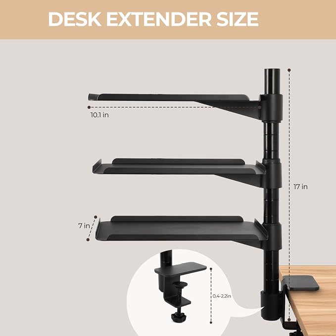 FAHKNS Multifunctional Desk Clamp Shelf，3-Tier Clamp on Desk Shelf，Ergonomics Metal Desk Extension for Home/Office/Game Room，Tabletop Book Storage Rack，Desktop Thickness 0.4-2.2”