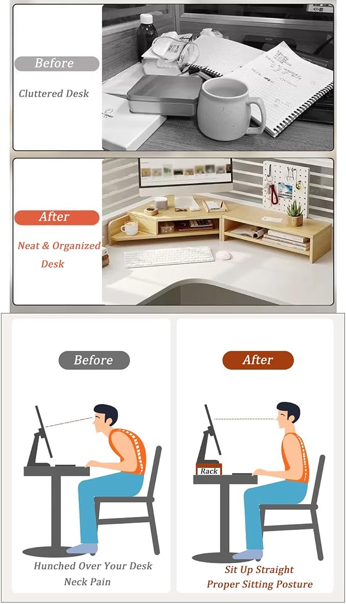 Triangle Monitor Stand Riser Combo, Desktop Corner Shelf with Cup Holder Pegboard, 2 Tier Wood Office Desk Storage Organizer for Laptop, Computer (Black)