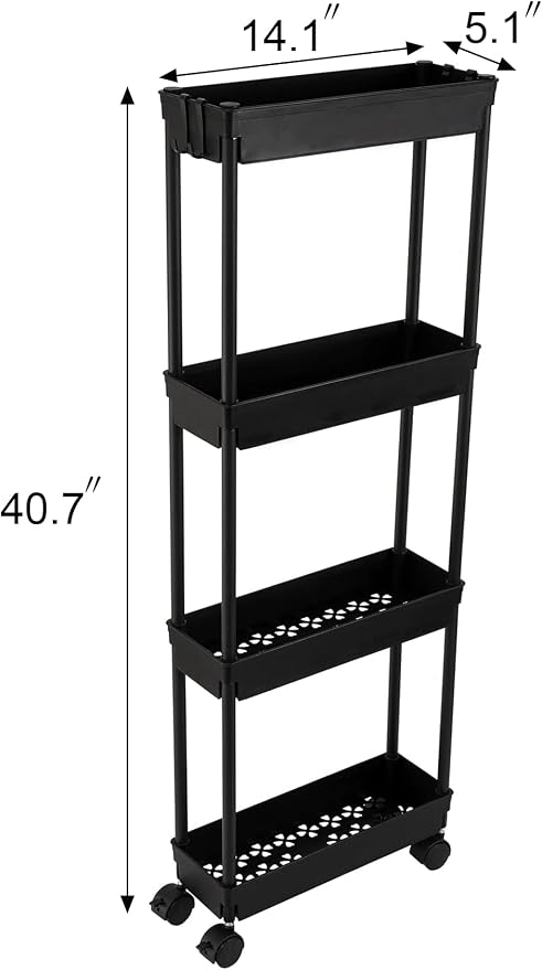 Sooyee 4 Tier Slim Storage Cart, Black | Rolling, Narrow Shelf, Mobile Shelving Unit Organizer, For Kitchen, Bathroom, Laundry Room