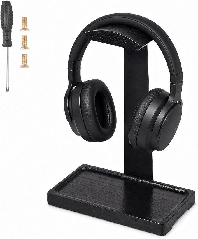 Walnut Headphone Stand, Wooden Headset Stand for Desk, Wood Gaming Headphone Holder with Storage Base Present for Men Brown or Black(Black)