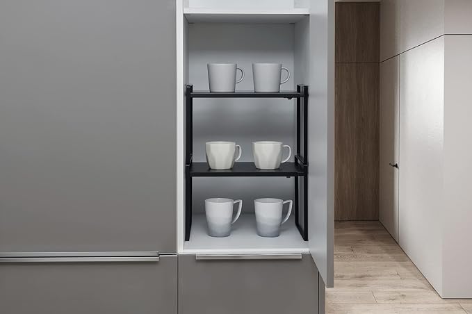 Nxconsu Cabinet Shelf Organizer Expandable, 10.3 Inch Deep Adjustable 13 to 24 Inch Metal Shelf Riser for Kitchen Pantry Cupboard Countertop Under Sink, Heavy Duty Stackable Storage Rack, Black