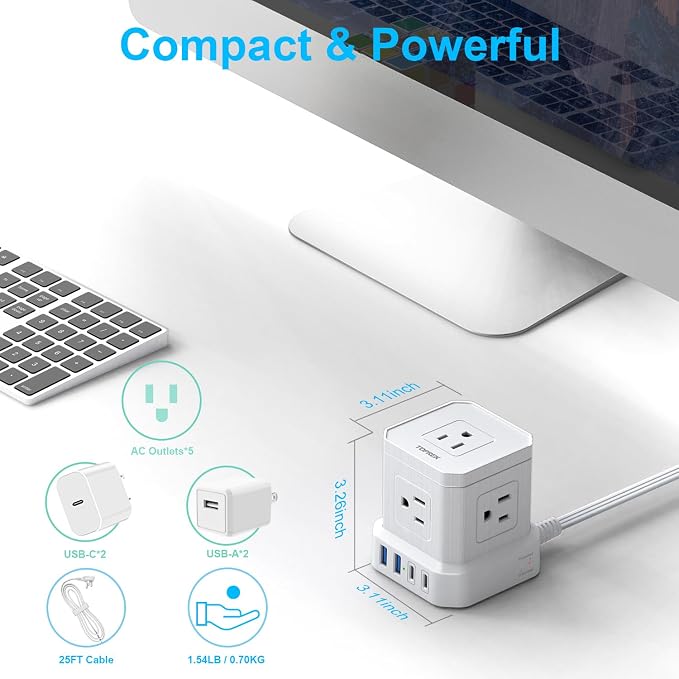 TOPREK Power Strip 25 FT Extra Long Extension Cord | Flat Plug Surge Protector (700J) with 5 Outlets, 2 USB-C, 2 USB-A for Apartment, Home Office, Recreational Vehicle