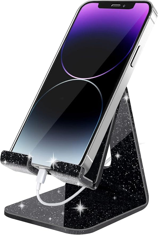 Crpich Acrylic Cell Phone Stand, Portable Phone Holder, Phone Stand for Desk, Compatible with Phone16 15 14 13 12 Pro Max Mini 11 Xr 8 Plus SE, Switch, Android Smartphone, Pad, Tablet, Glitter Black