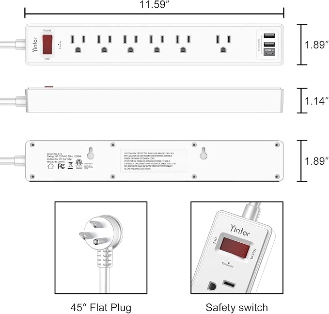 10 Ft Power Strip Surge Protector - Yintar Extension Cord with 6 AC Outlets and 3 USB Ports for Home, Office, Dorm Essentials, 1680 Joules, ETL Listed, White