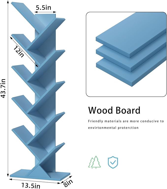 SHEEPAM 10 Tier Tree Book Shelf, Floor Standing Wood Bookshelf for Narrow Space, Storage Organizer Bookshelves for Books/CDs/Magazine, Bookcase with Shelves for Home Office, Living Room - Pure Blue