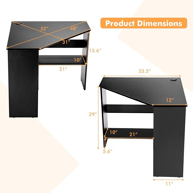 Small Corner Desk, Space-Saving Corner Workstation with Storage Shelves & CPU Stand, 90 Degree Triangle Makeup Vanity Desk, Wood Corner Computer Desk for Small Space (Black)