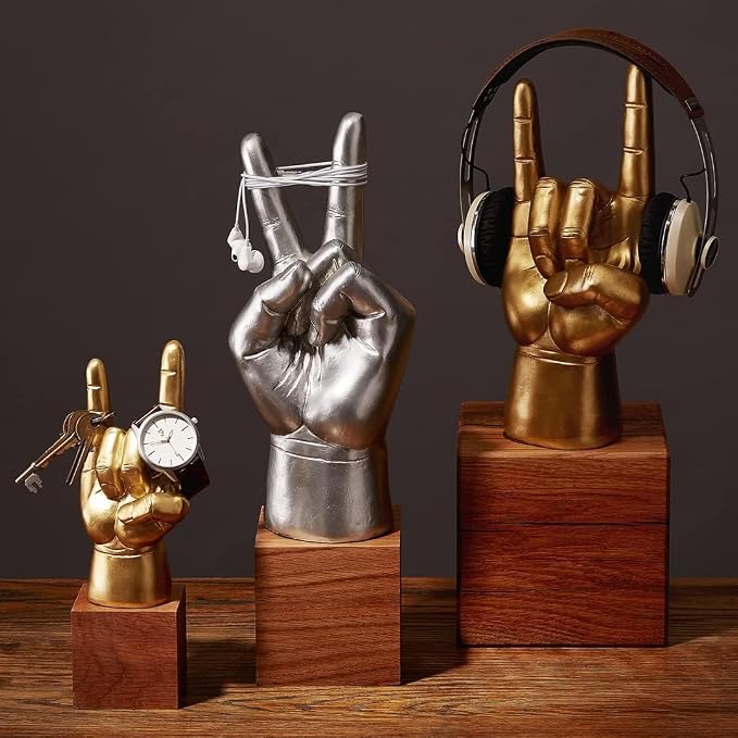 Luckies of London - Rock On Hand - Rock Music Gifts for Men - Mens Bedroom Accessories - Mini Headphone Stand & Jewelry Holder - Gold Ornaments for Desk Tidy - Music Home Decor - Key Holder Stand