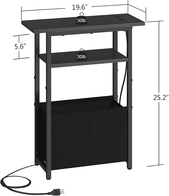 sthmec Narrow Side Table with Charging Station Set of 2, Small End Table for Small Spaces, Skinny Nightstands Set 2 with Storage Basket, 3 Tier Sofa Bedside Tables for Living Room,Bedroom, Black