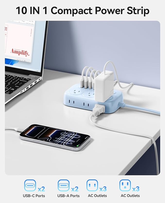 ORICO Surge Protector Power Strip, PD20W Multiple Outlets Extension Cord with 6 AC Outlets and 4 USB Charging Ports (2 USB-C), Flat Plug, 5Ft Mountable Outlet Extender for Office/Dorm ETL Listed- OG