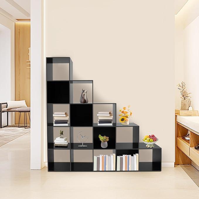 Ladder Cube Storage Bookcase, Desktop Drawers Cabinet, 15-Compartment L-Shaped Organizer, Corner Shelf, Free Standing, for Bedroom Living Room Study Office, Books Toys Decor