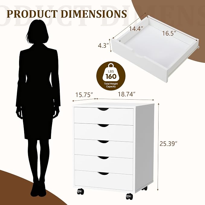5 Drawer File Cabinet, Under Desk Storage Organization with Wheels, Mobile Filing Chest for Small Desk Printer Stand for Home Office, White