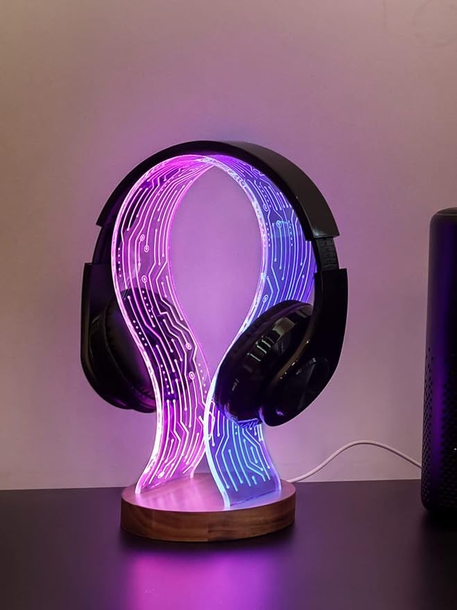 YuanDian Headphone Stand, Walnut Wood Headset Holder with Blue Pink LED Night Light for Gamers, Men, and Music Lovers - Perfect Desk Gift Idea