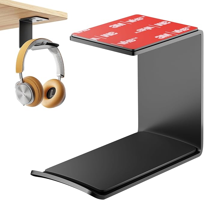 2Pack Heavy Duty Under Desk Headphone Stand, No Drill Mount with strong Adhesive Holder for AirPods Max, Sony, Bose & Gaming Headphones, Home Office Studio Dorm Organizer (H02F-2P-black)
