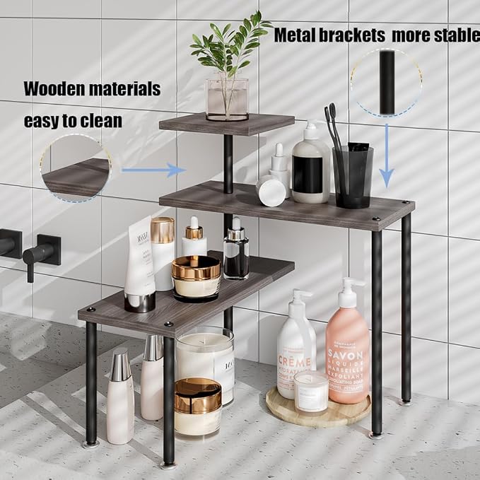 Countertop Organizer Organization 3 Tier Kitchen Corner Shelves Adjustable Spice Storage Rack for Bathroom Coffee Area Over Sink (Dark Gray Oak)