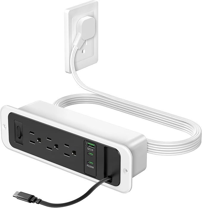 Recessed Power Strip with Retractable USB C Cable,2 PD 20W USB C,Flush Mount Countertop Drawer Outlet, Furniture Hidden Outlet for Side Table,End Table,3 Outlets (Black and White, 6FT-20W)