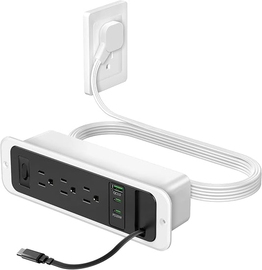 Recessed Power Strip with Retractable USB C Cable,2 PD 20W USB C,Flush Mount Countertop Drawer Outlet, Furniture Hidden Outlet for Side Table,End Table,3 Outlets (Black and White, 6FT-20W)