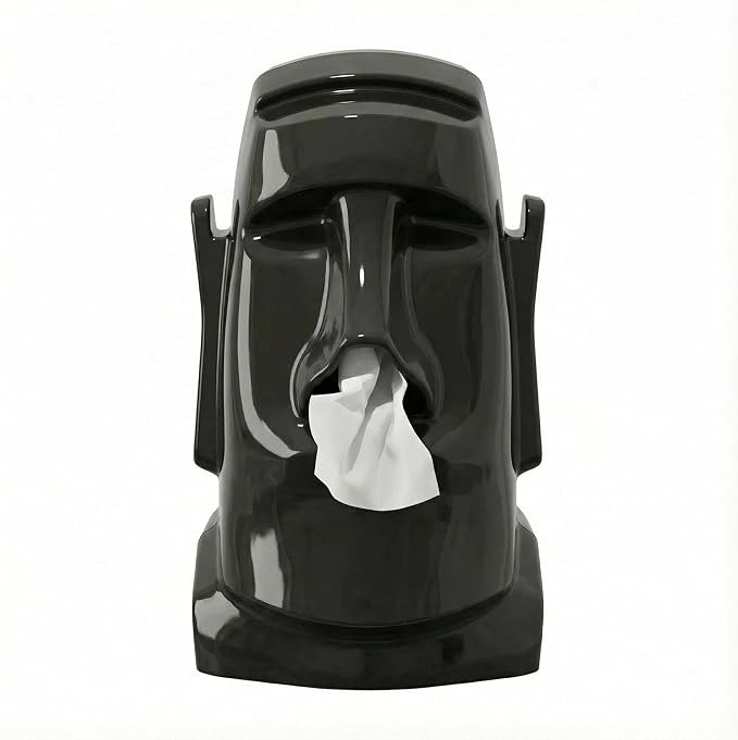 Creative Moai Tissue Box Holder with Headphone Holder, Suitable for Living Room, Bedroom and Other Desktop Storage Boxes, Green,Cream White, Black. (Black)