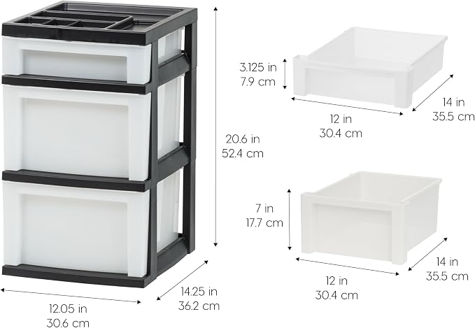 IRIS USA Plastic Drawer Storage Organizer Rolling Cart, 3-Drawers, for Classroom Art Craft Supplies Dresser Closet Bathroom Laundry Room, Black/Pearl
