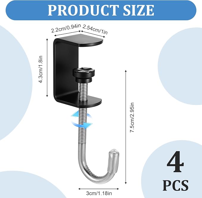 cobee Clamp-On Under Desk Hooks, Desk Mount Hanging Bag Holder Metal Hook Adjustable Headphones Clamp Organizer Portable Purse Hanger Clip Reduce Desk Clutter Table Desk Under Counter (4 Pcs, Black)