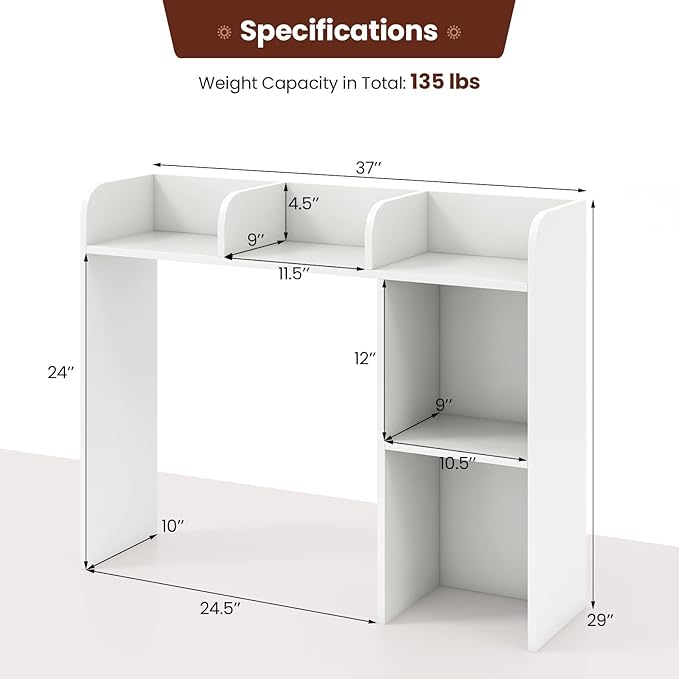 MAT EXPERT Desk Organizer, Wooden Desktop Shelf for 27 Inch Monitor with 5 Shelves & Non-Slip Foot Pads, Anti-Tipping Device, Multipurpose Desk Hutch for Study, Office, Dorm (White)
